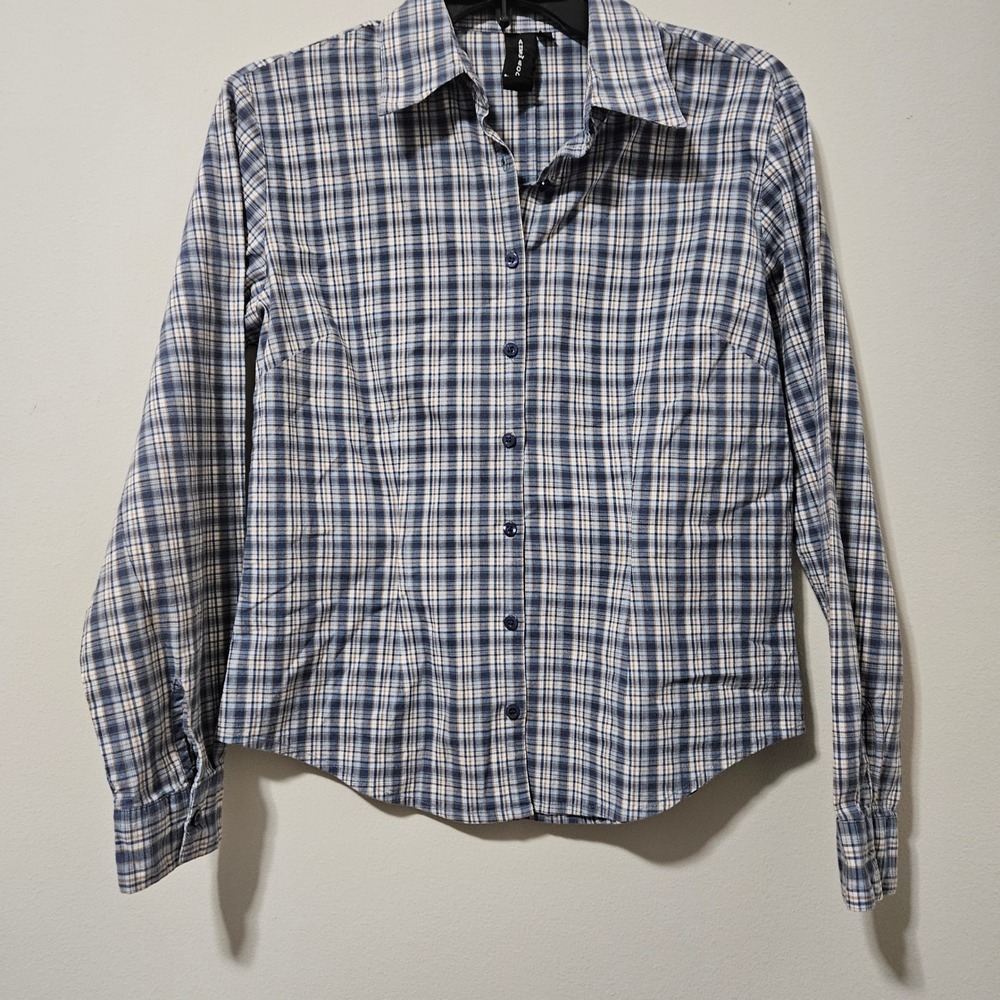 Andrew & Co Womens Blue Tan Plaid Button Down Shirt Long Sleeve Size Medium‎